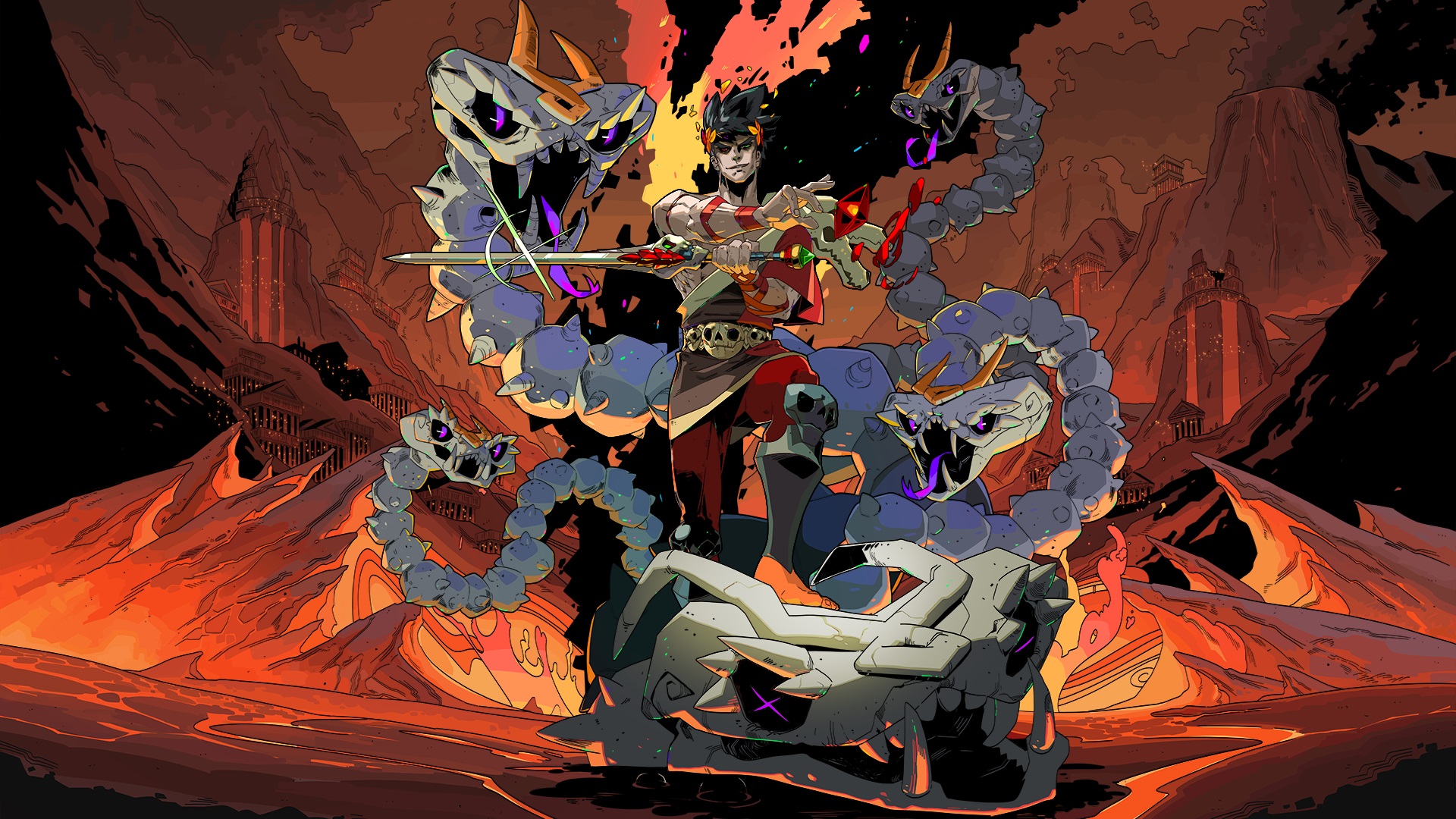 Hades artwork showing Zagreus surrounded by rocky snakes