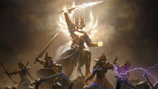 An angel in Diablo Immortal holding up a glowing sword