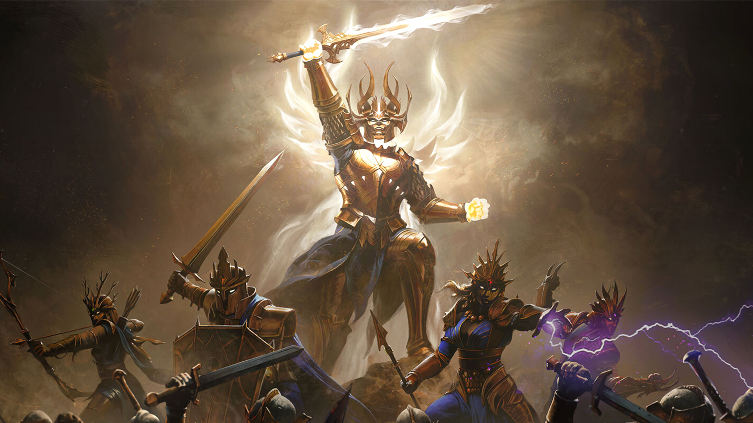 An angel in Diablo Immortal holding up a glowing sword