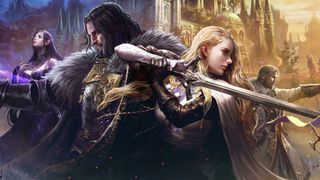 Keyart from Throne and Liberty depicting two warriors, one wreathed in shadow and the other in light