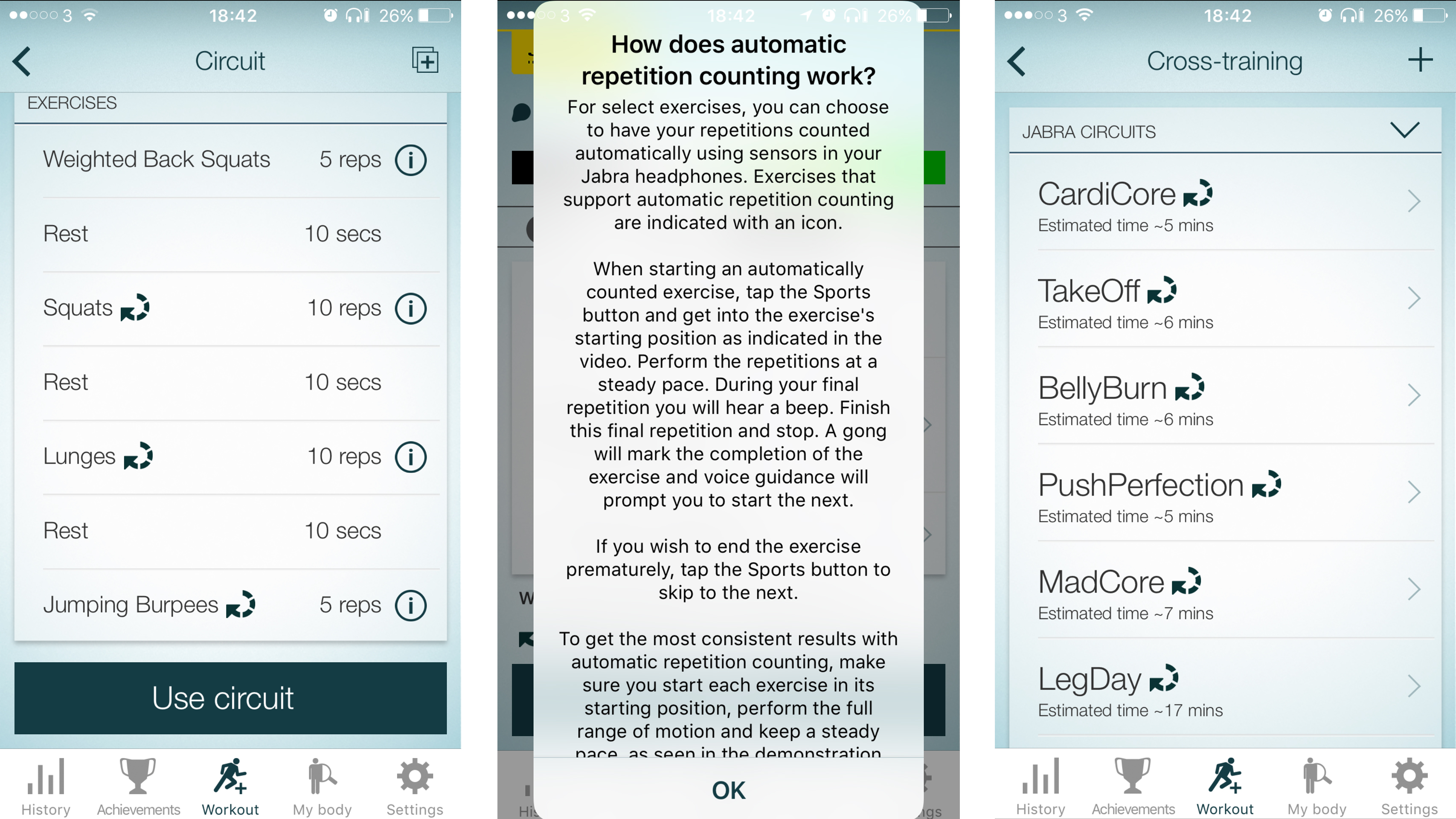 Screenshots of how the Jabra Elite Sport workout looks.