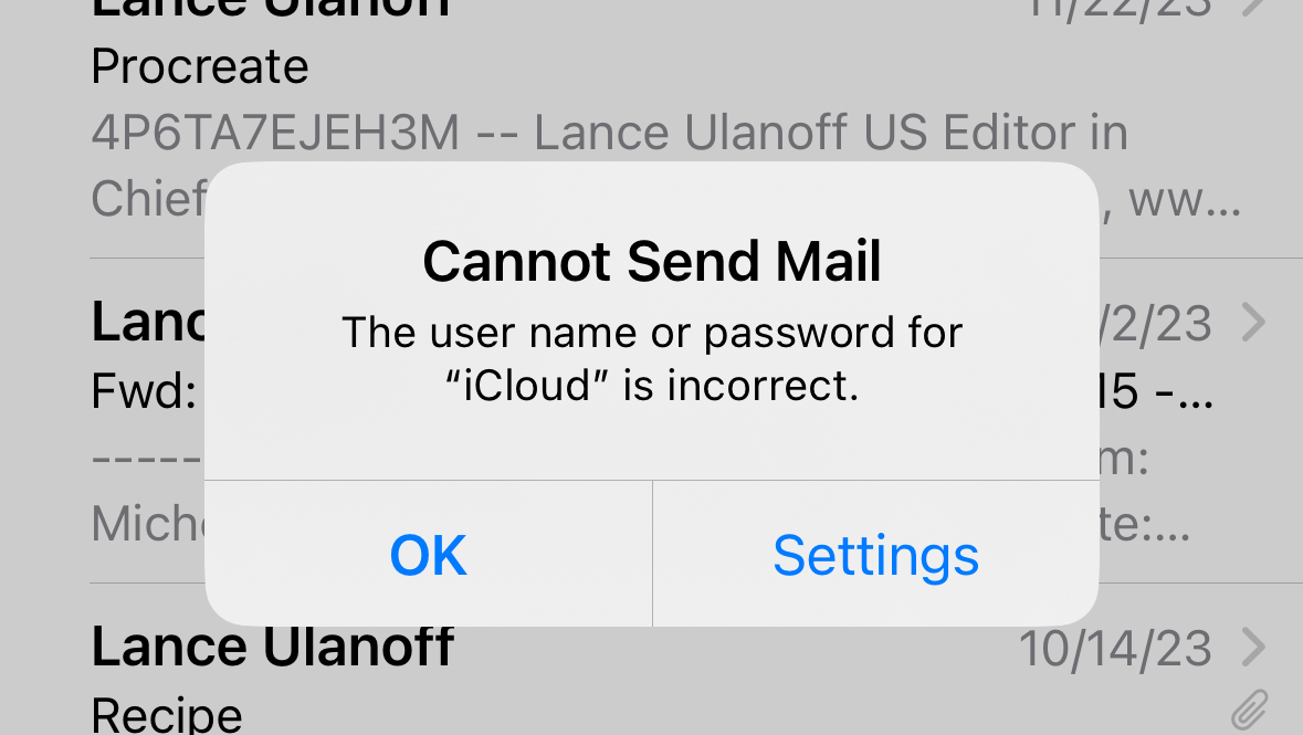 An Apple iCloud error message