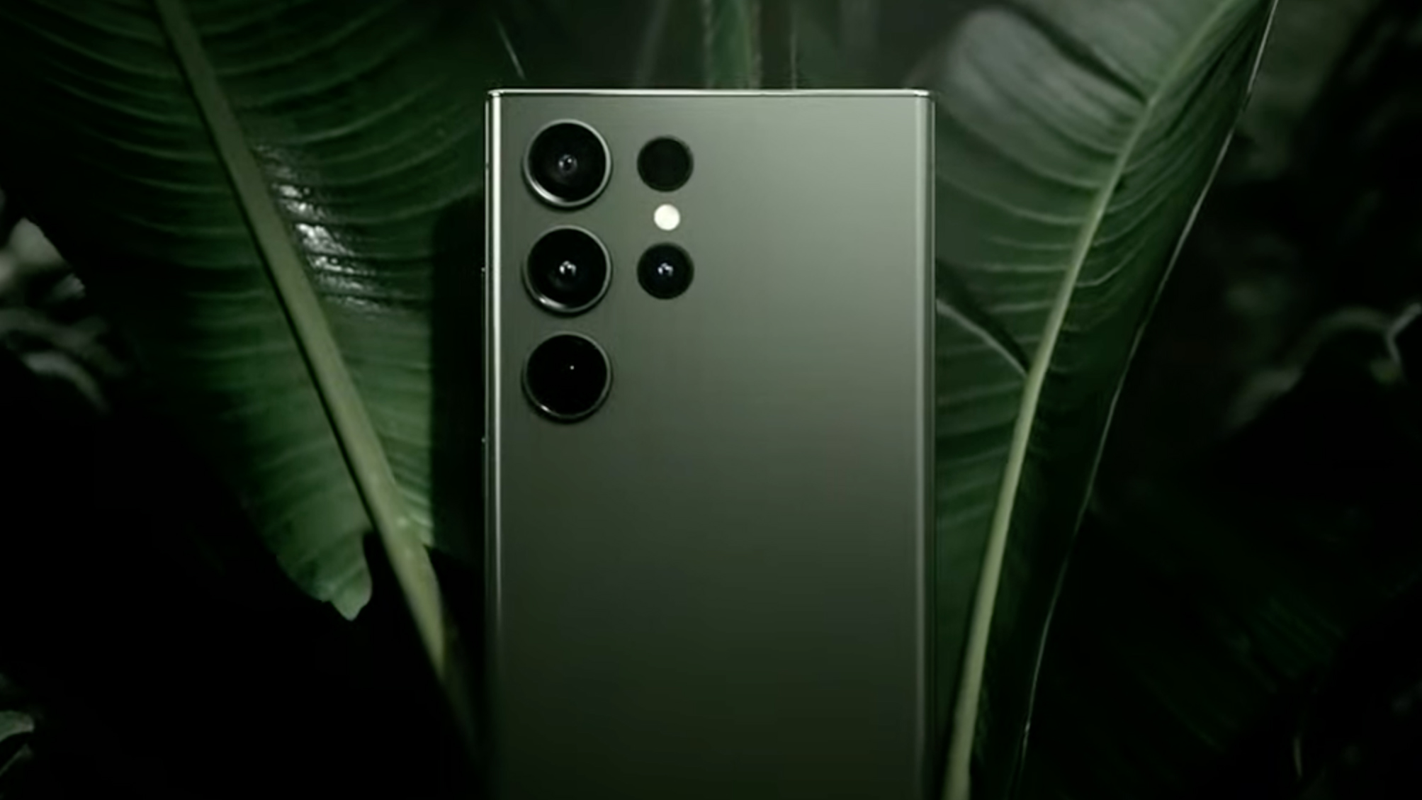 The Samsung Galaxy S23 Ultra phone in front of a green leaf