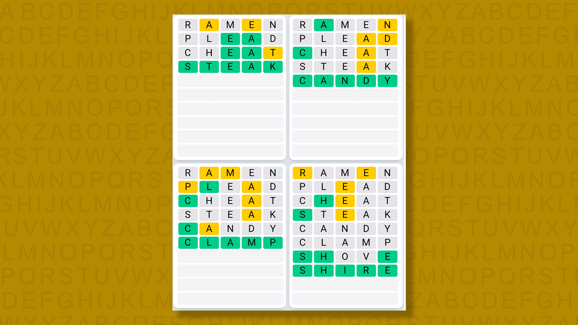 Quordle Daily Sequence answers for game 1575 on a yellow background