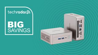 A Geekom A5 mini PC on a green background next to a TechRadar badge that reads 'Big Savings'