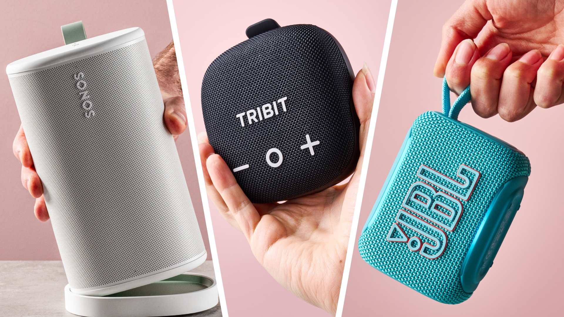 A collage showing the Sonos Play, Tribit Stormbox 3 and JBL Go 5 Bluetooth speakers, all held in a person's hands
