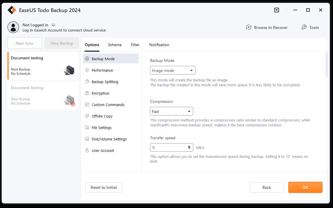 Per-backup settings in EaseUS Todo Backup