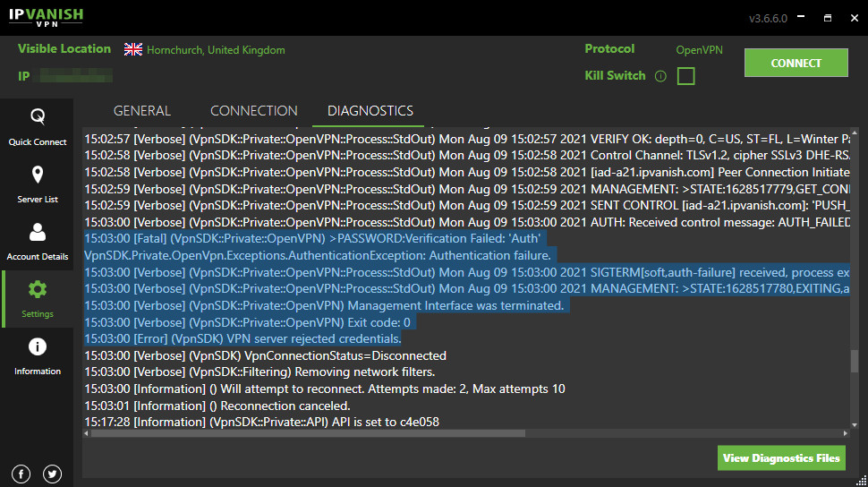The IPVanish app includes a diagnostics panel with the OpenVPN logs