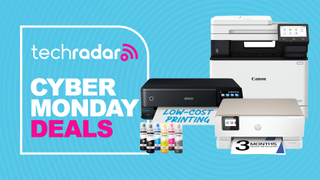 A Canon, Epson, and HP printer on a light blue background next to a TechRadar badge reading 'Cyber Monday deals'