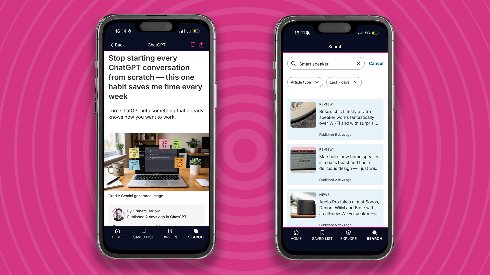 Two iPhones showing the TechRadar app