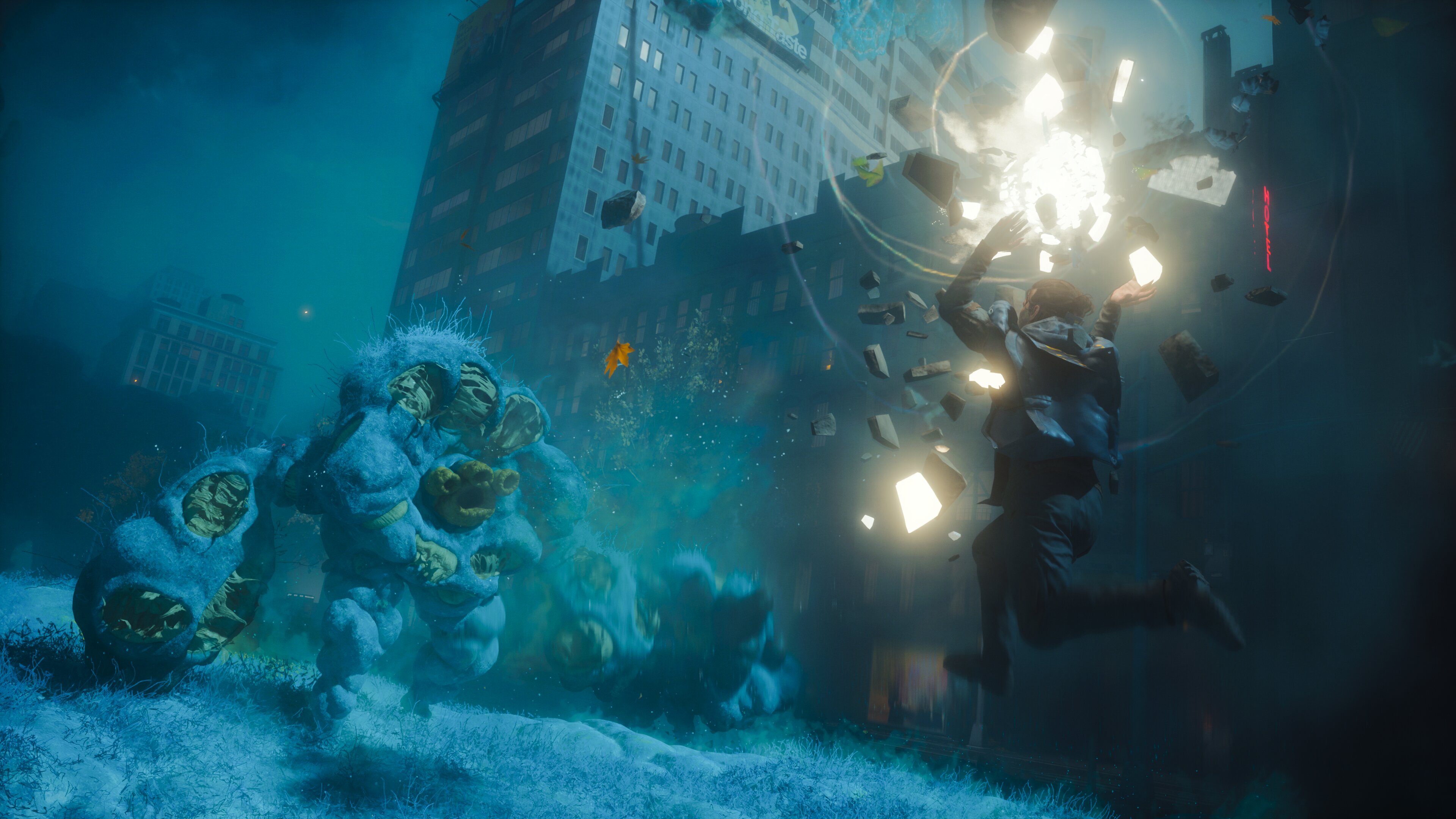 A screenshot from the game Control Resonant showing Dylan Faden, The Hiss, the warped streets of Manhattan, and active combat