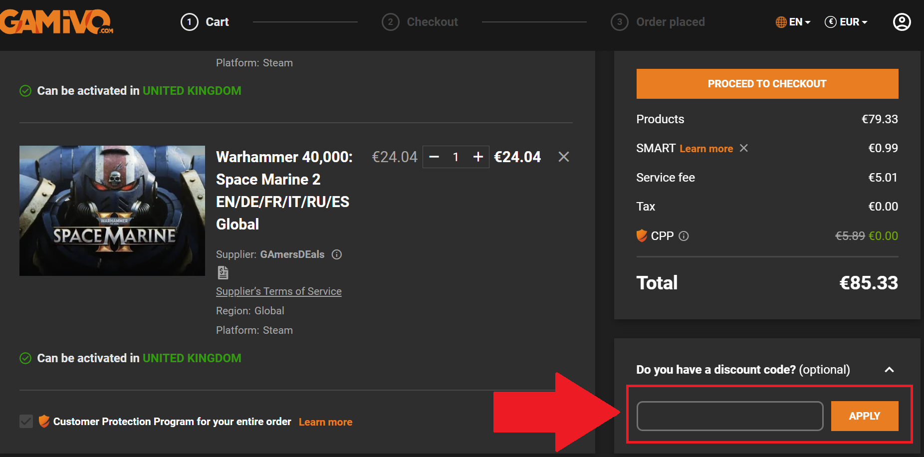 A screenshot of the Gamivo checkout page showing where to enter a gamivo promo code