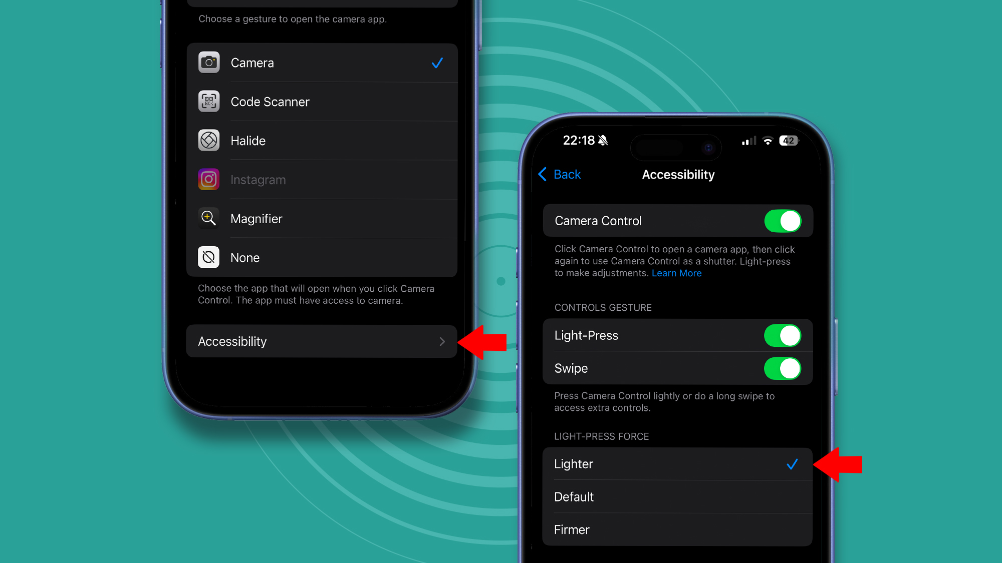 Two iPhone 16 Pro phones showing its camera settings