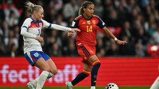 Alex Greenwood of England challenges Spain Vicky Lopez during the teams' Women's World Cup 2027 qualifier in April 2026.