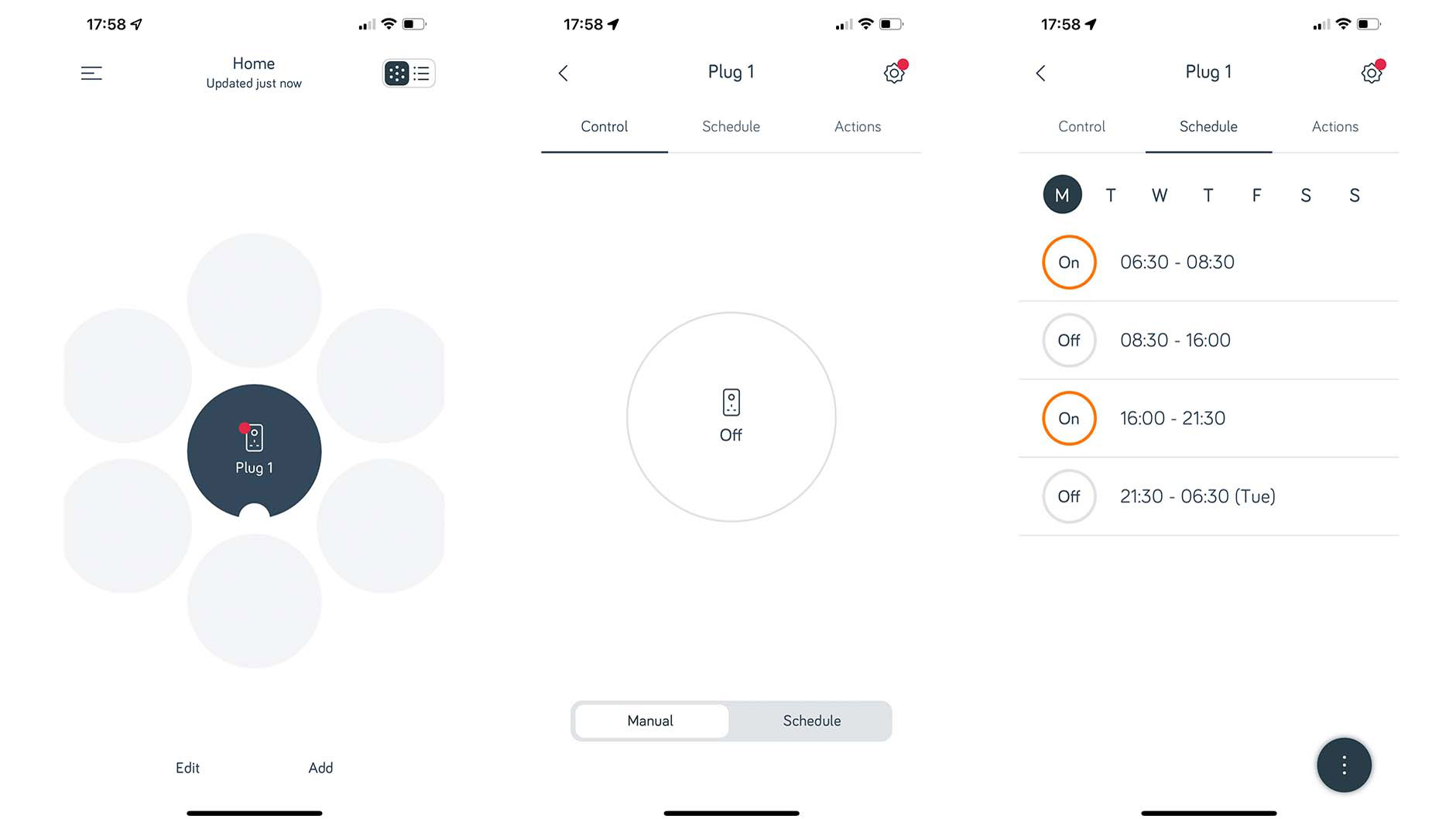 Screen grabs for the app used to control the Hive Active Smart Plug