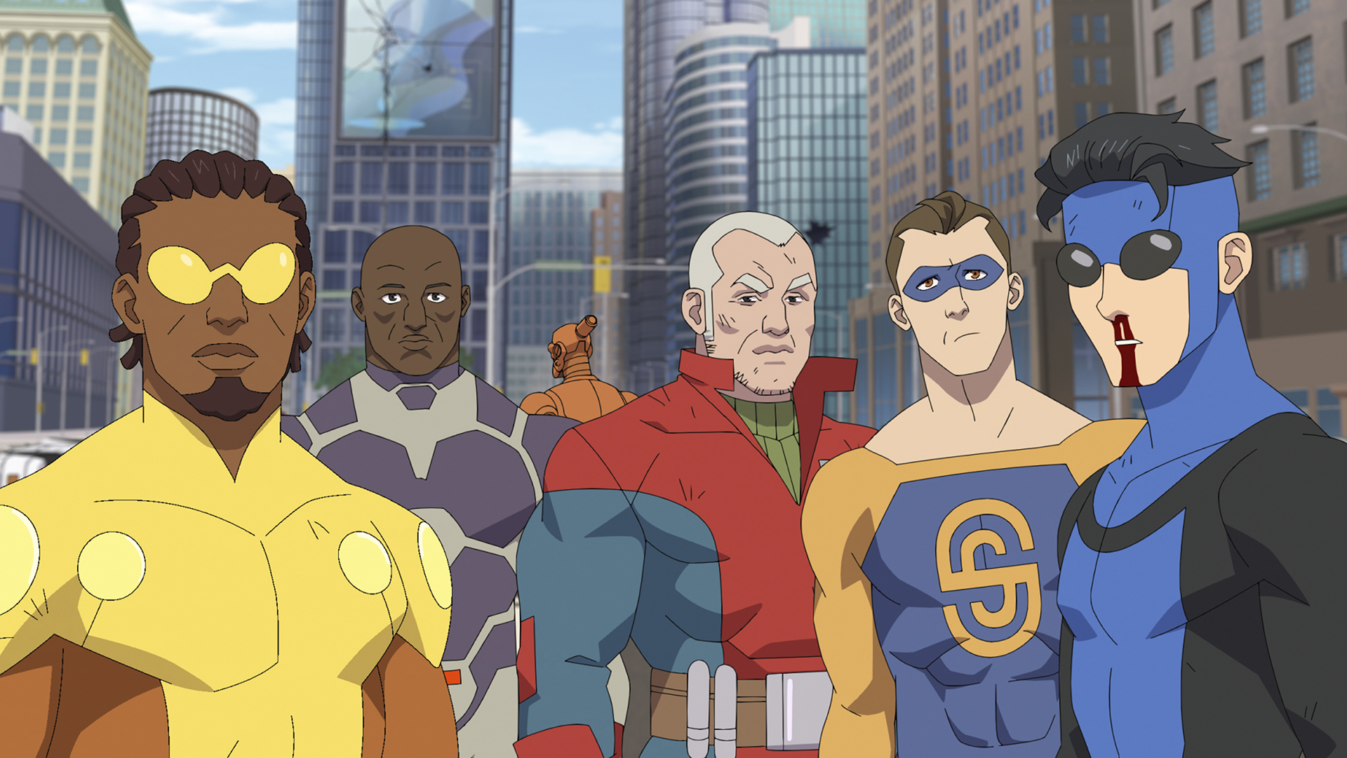 Bulletproof, Black Samnson, Robot, Brit, Shapesmith, and Mark Grayson standing in Invincible season 4