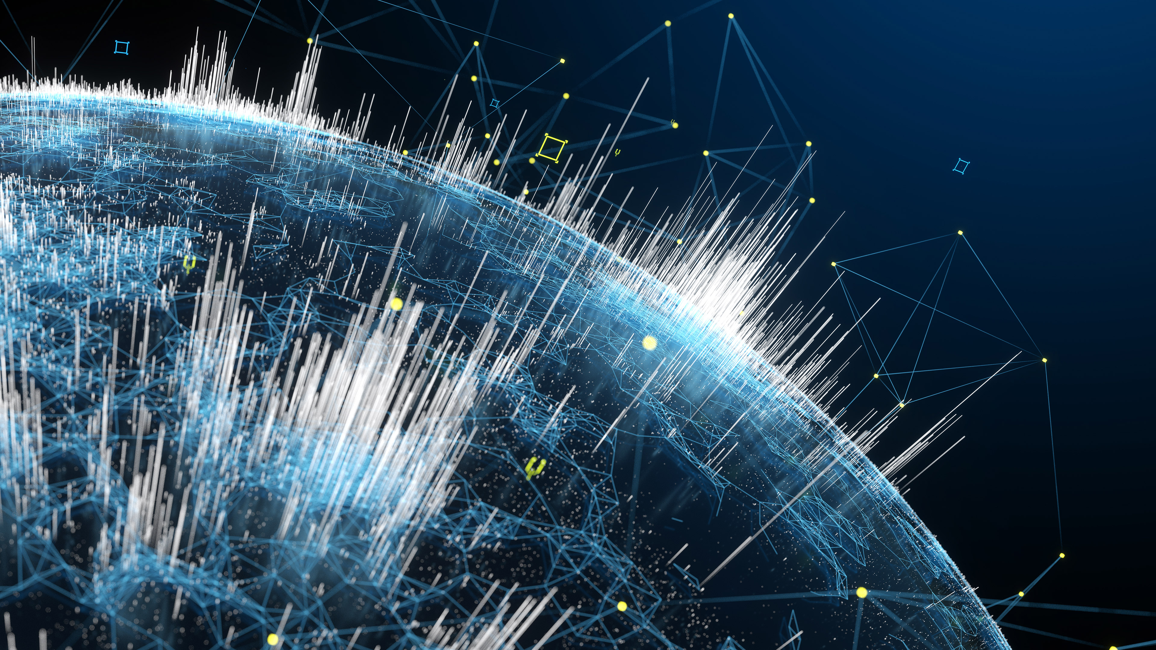 A digital representation of the globe in blue with white spikes of light erupting from the surface to form vertical cities