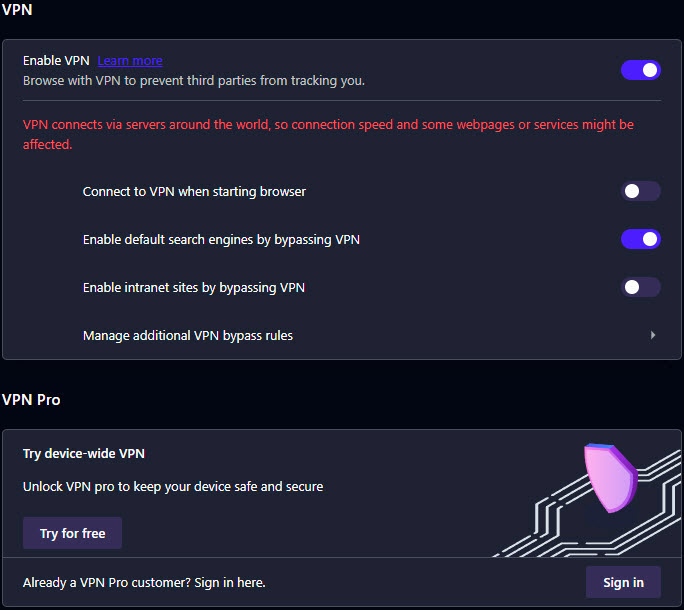 An image of the OperaVPN settings page showing the different options.