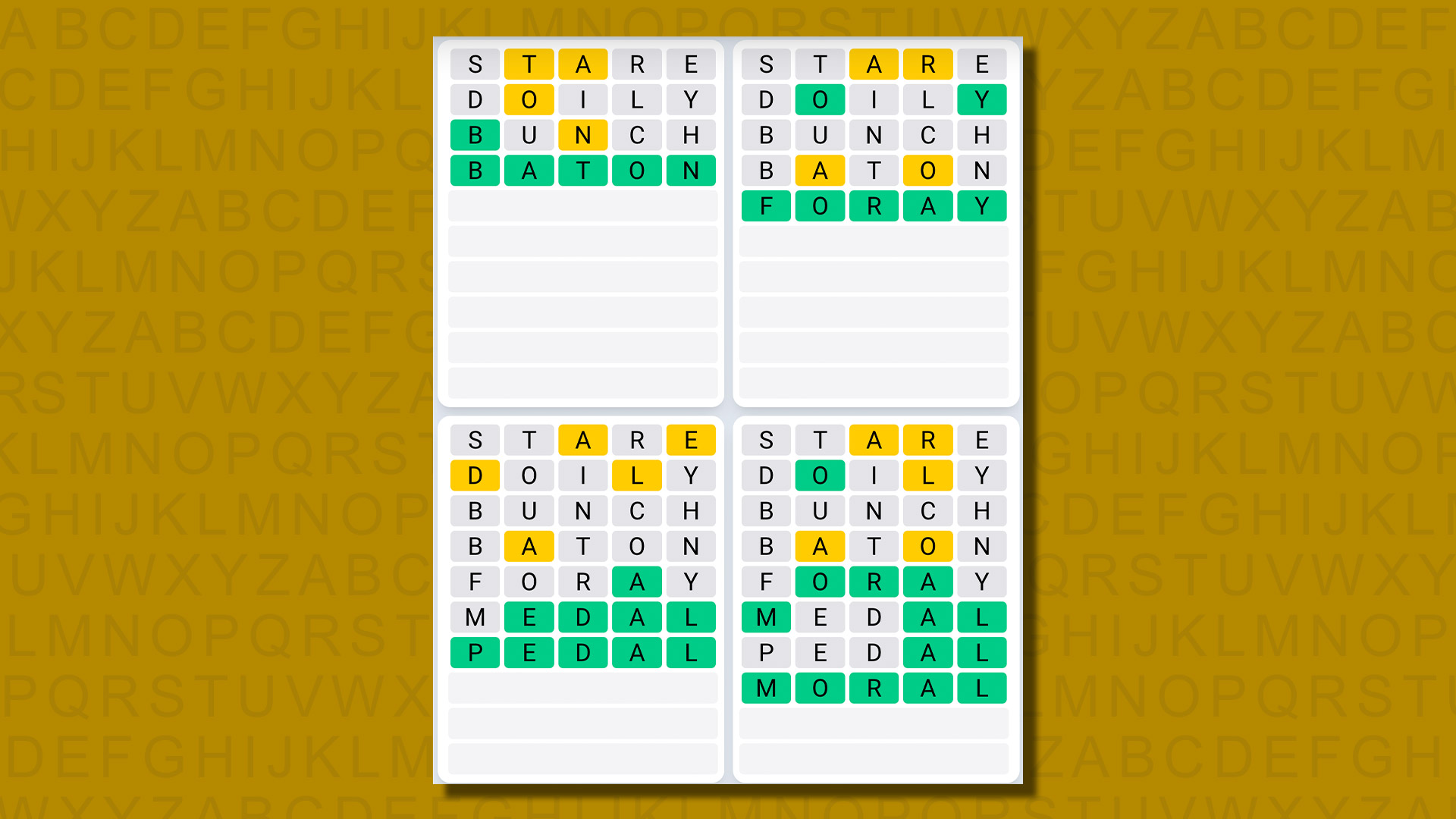 Quordle daily sequence answers for game 641 on a yellow background