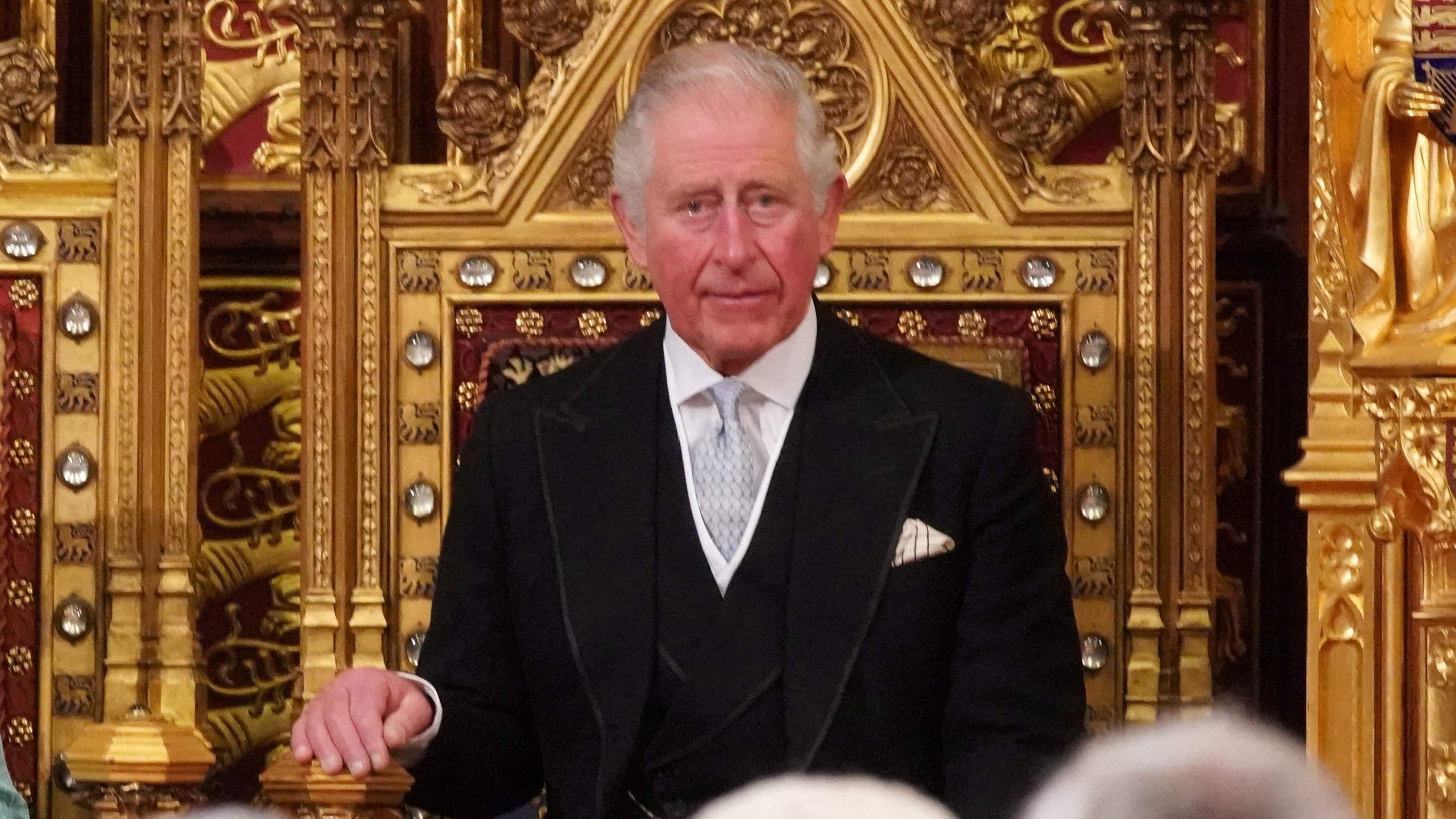 Britain's King Charles takes his seat on the The Sovereign's Throne for the King Charles Coronation live stream