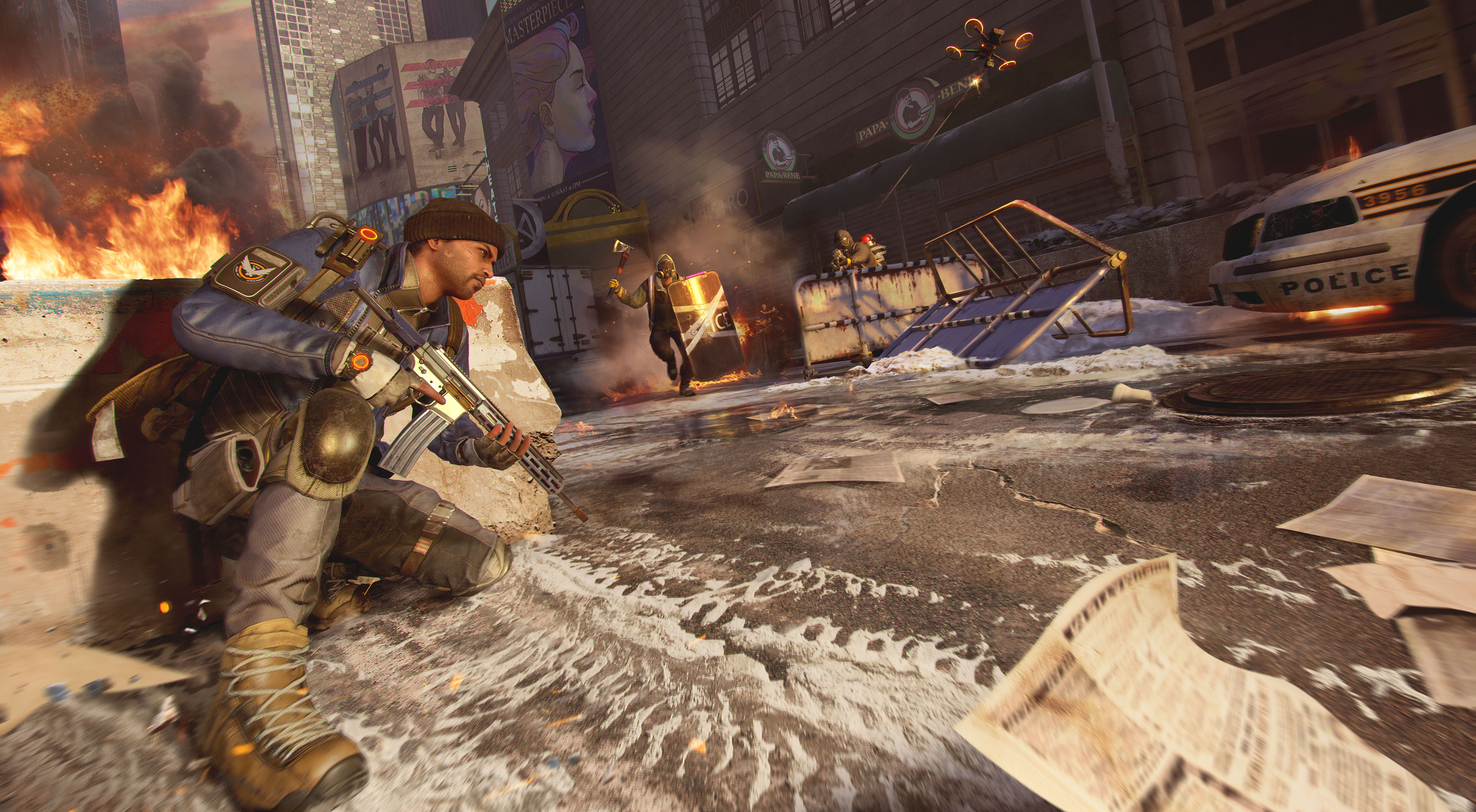 Artwork from The Division Resurgence shwoing a character taking cover behind a concrete bollard