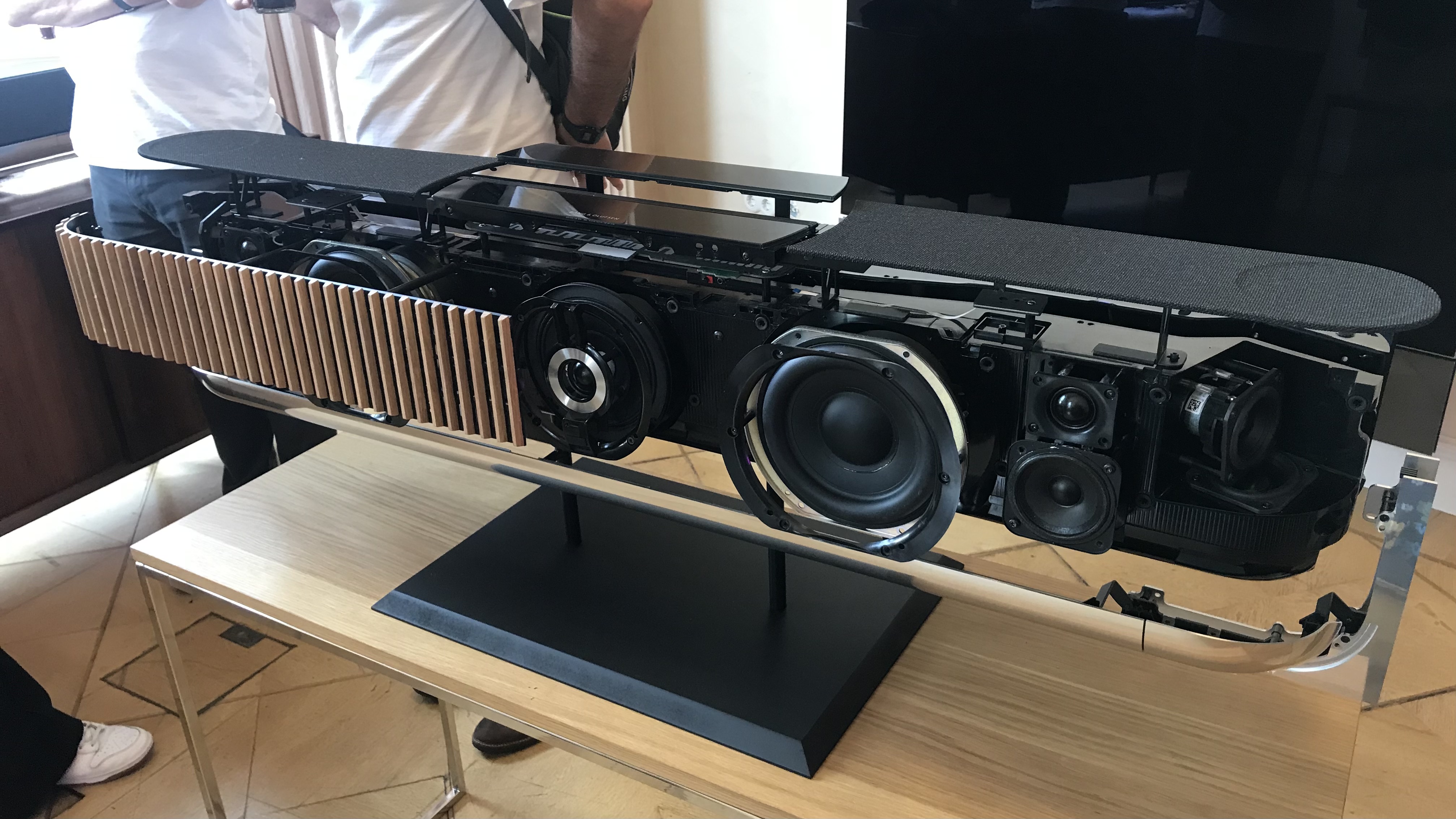 Bang &amp;amp; Olufsen Beosound Theatre breakdown, to show 12 drivers and wooden exterior