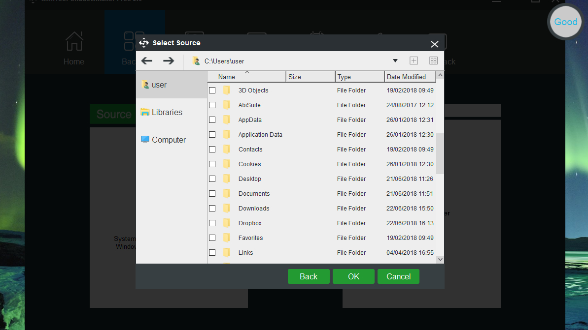 Choosing backup source in MiniTool ShadowMaker Free