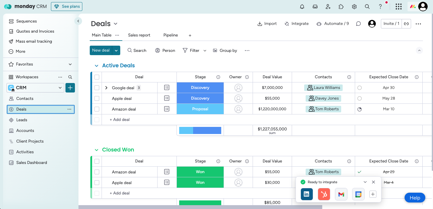 screenshot of monday.com crm