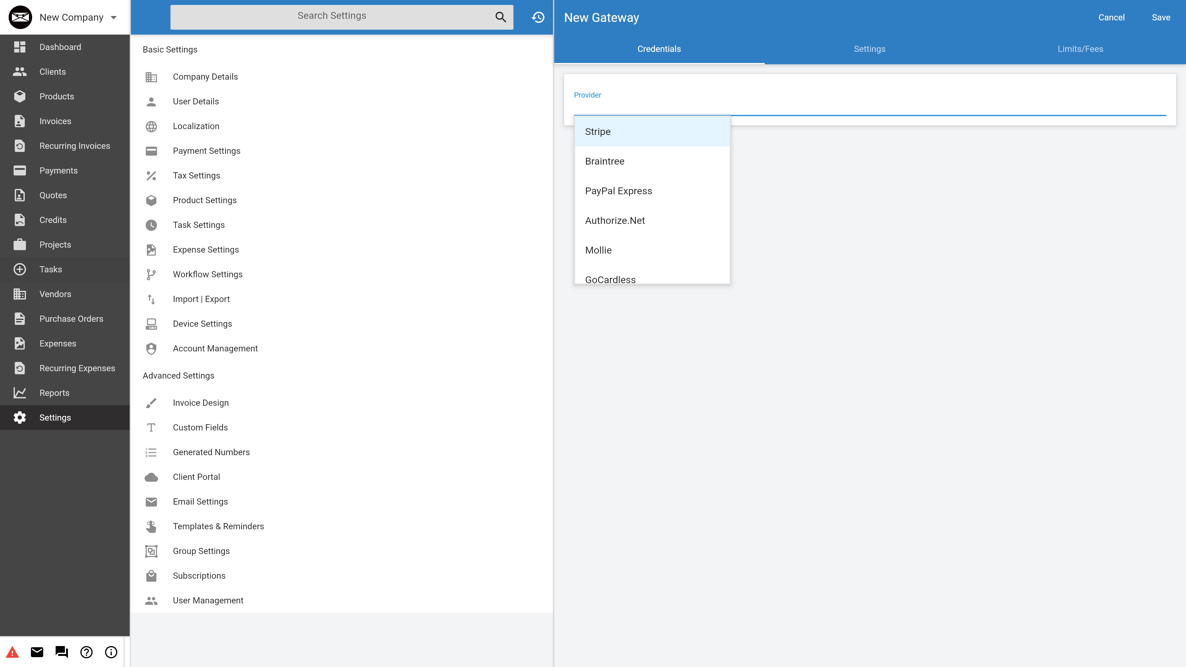 Invoice Ninja payment settings page