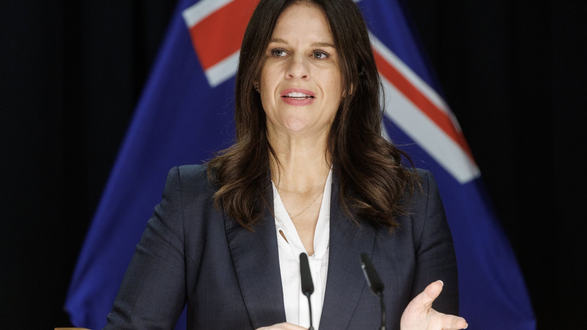 Education Minister Erica Stanford arriving for the post-Cabinet media conference in the Beehive theatrette, Parliament, Wellington, New Zealand, April 20, 2026