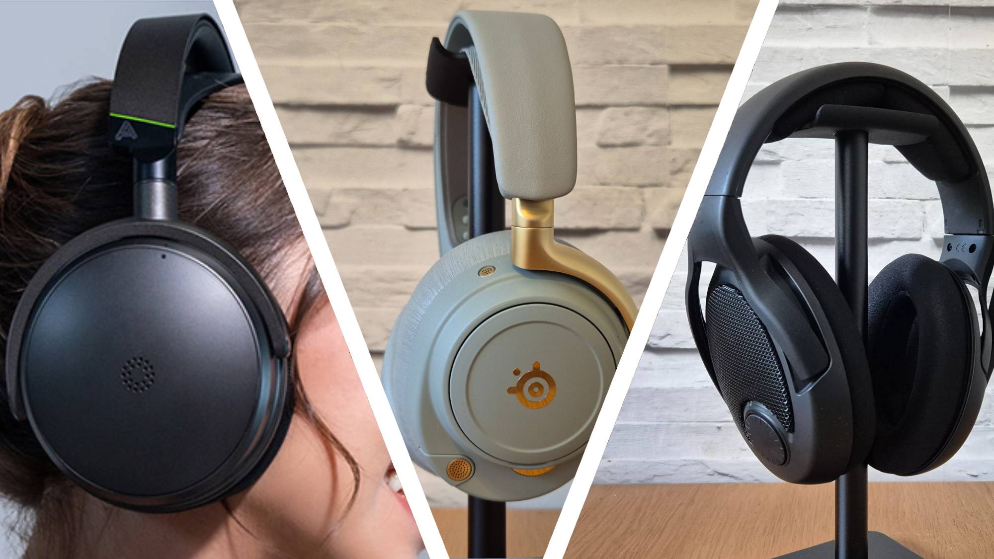 A three-way image showing the Audeze Maxwell 2, SteelSeries Arctis Nova Elite, and Drop + Epos PC38X audiophile gaming headsets