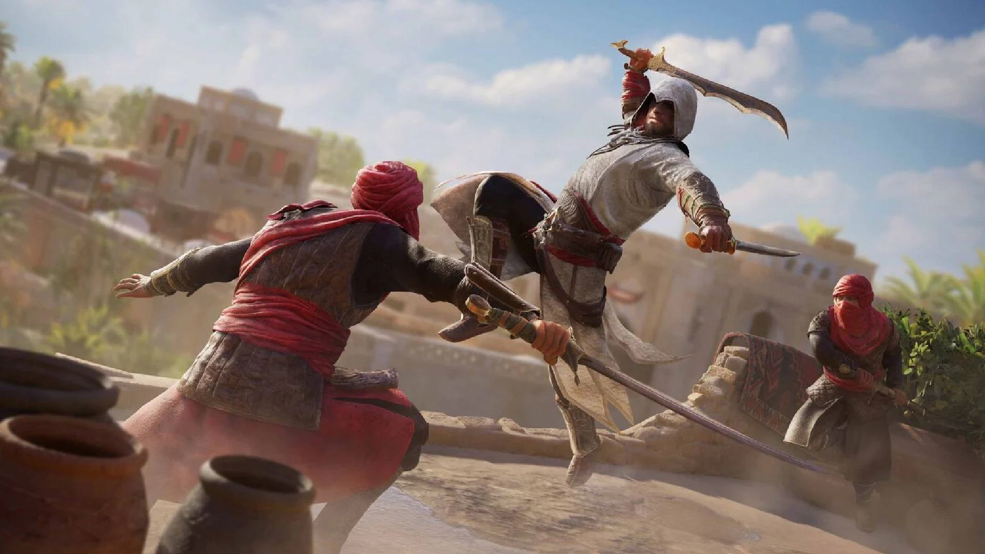 Basim jumps through the air towards an enemy wearing red robes