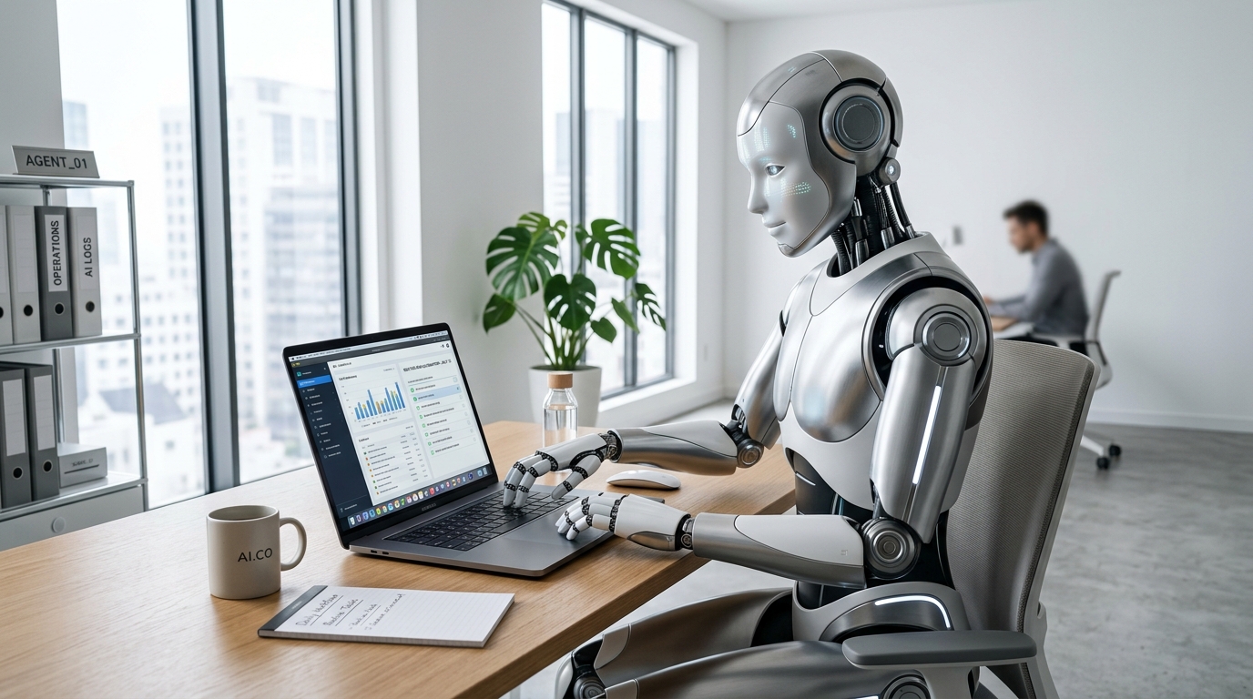 an ai agent sat at a laptop