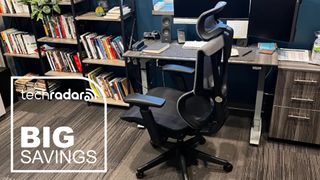 The FlexiSpot C7 in a home office during our tests next to a TechRadar badge that reads 'Big Savings'