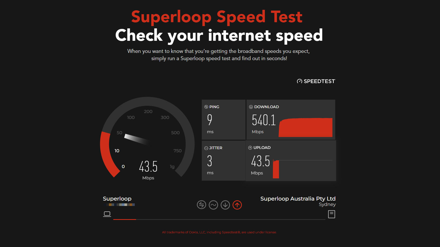 An Ookla Speedtest result for NBN provider Superloop.