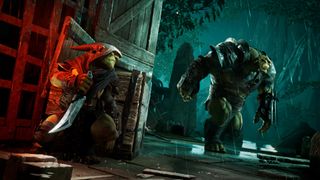 A screenshot from upcoming stealth game Styx: Blades of Greed showing Styx hiding behind a crate