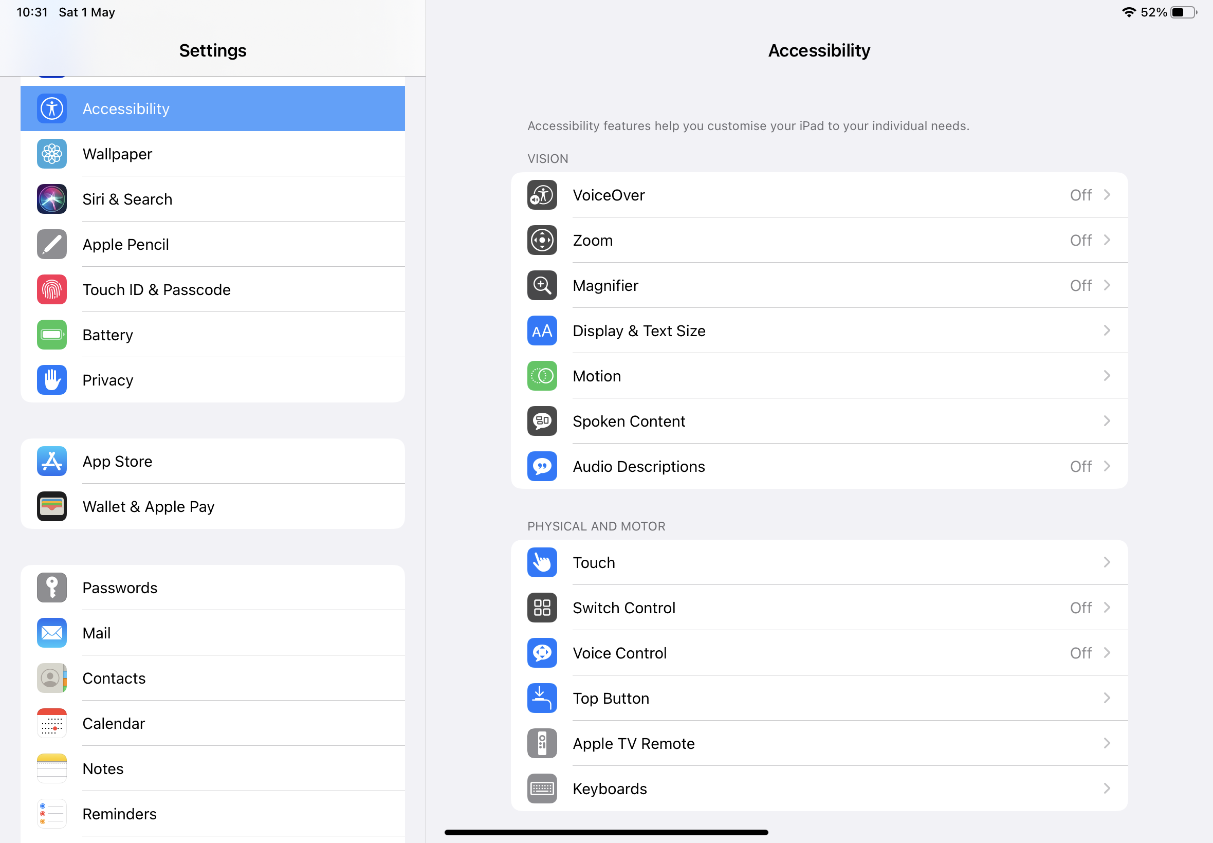 Accessibility screen
