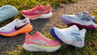 Selection of women's running shoes on a grass and tarmac backround