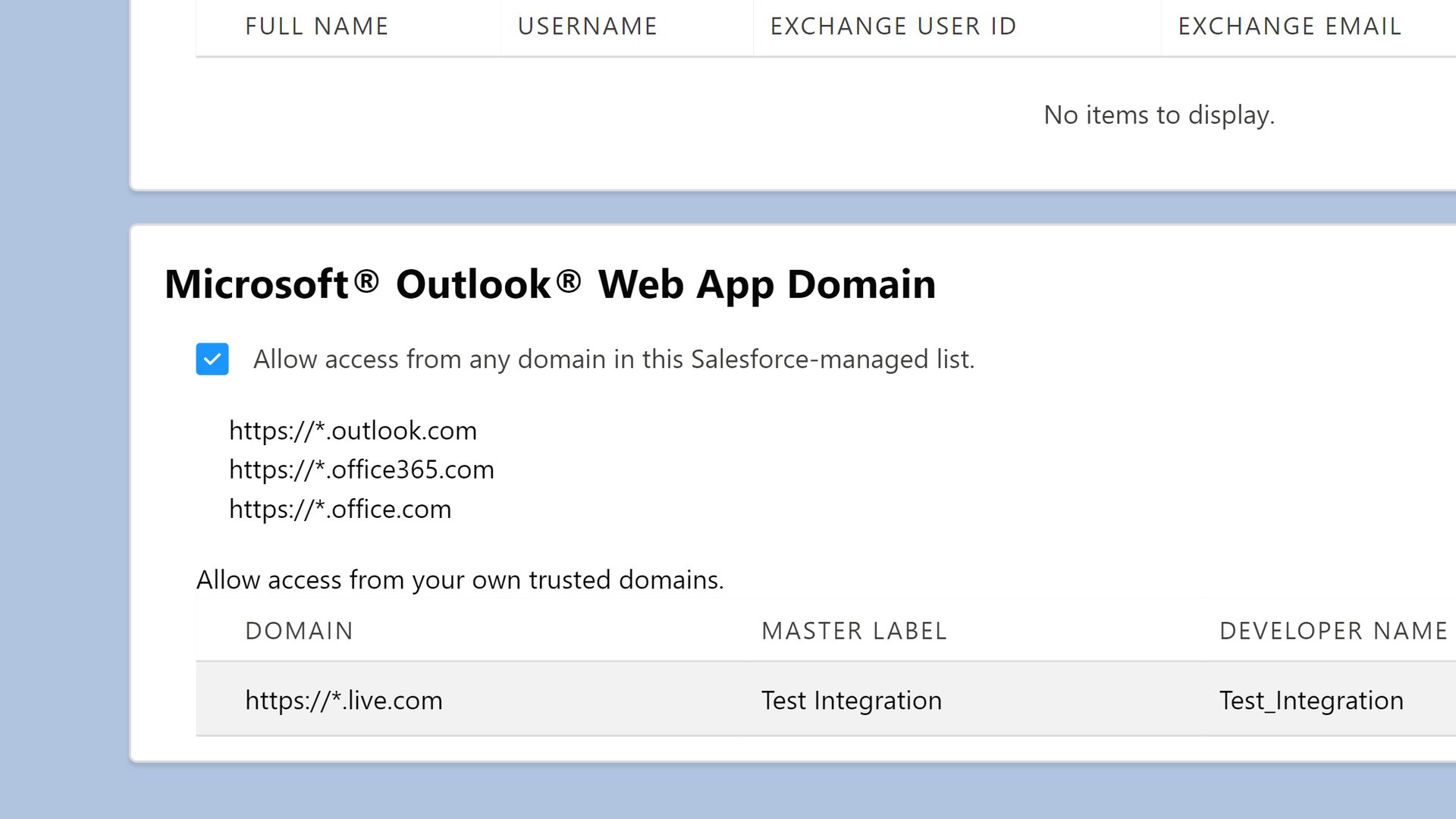 A list of whitelisted Microsoft Outlook Web App domains in Salesforce.