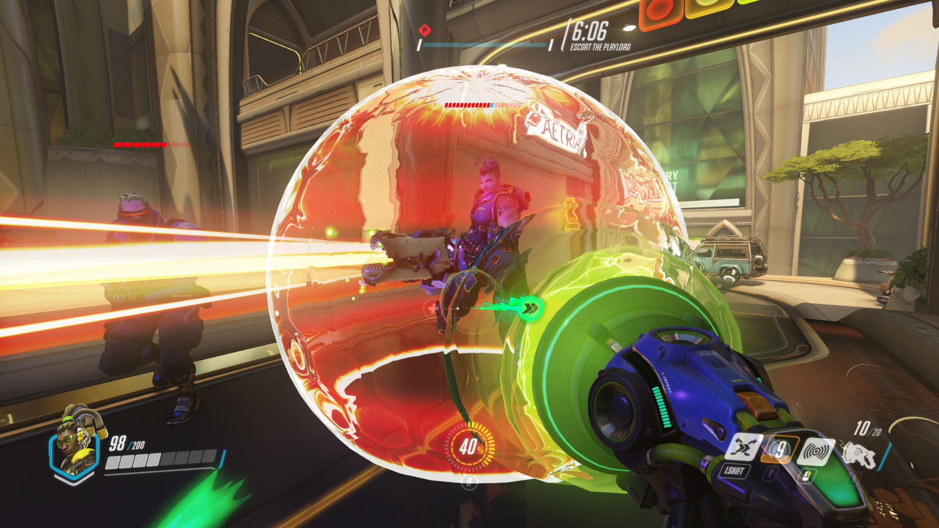 Lucio using his soundwave at Zarya