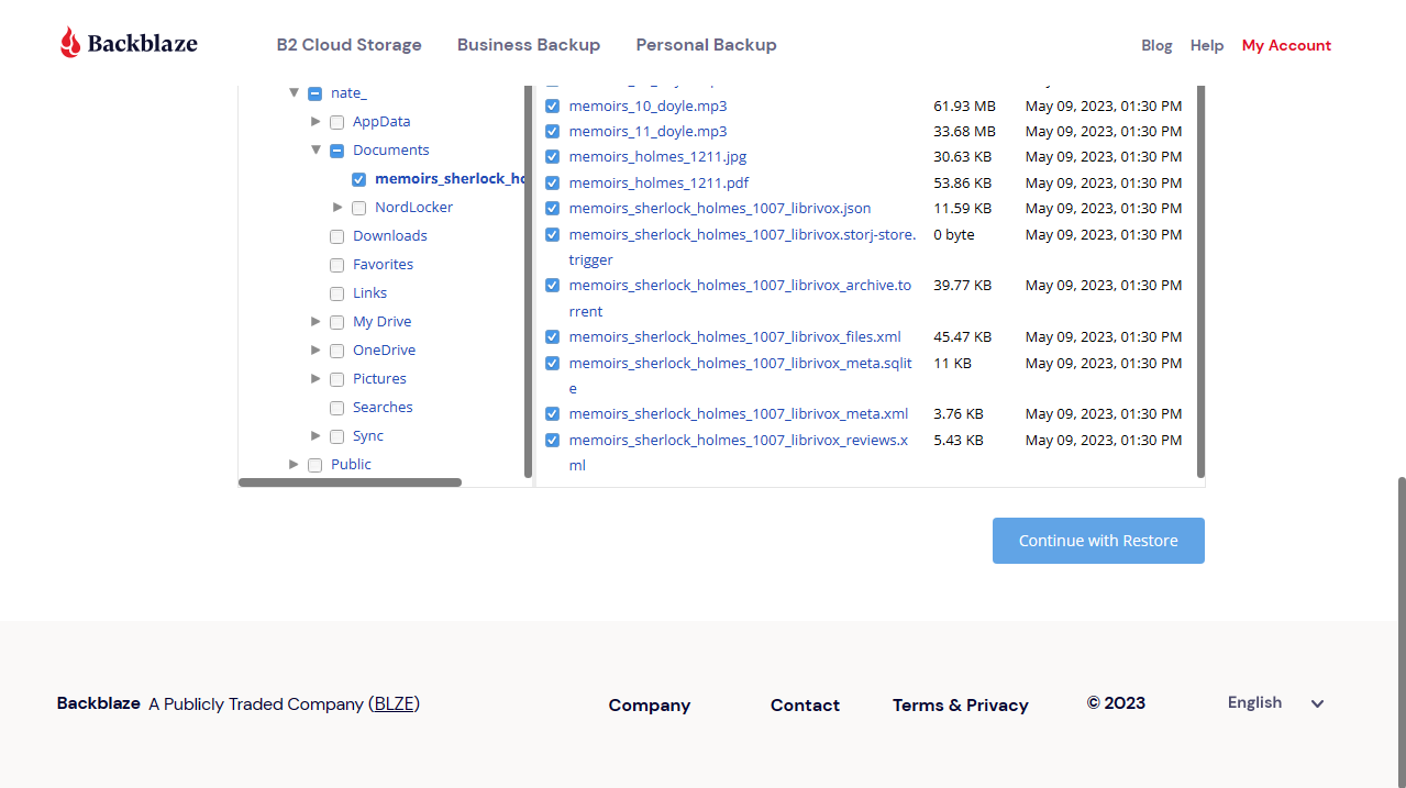 Backblaze's file recovery interface.