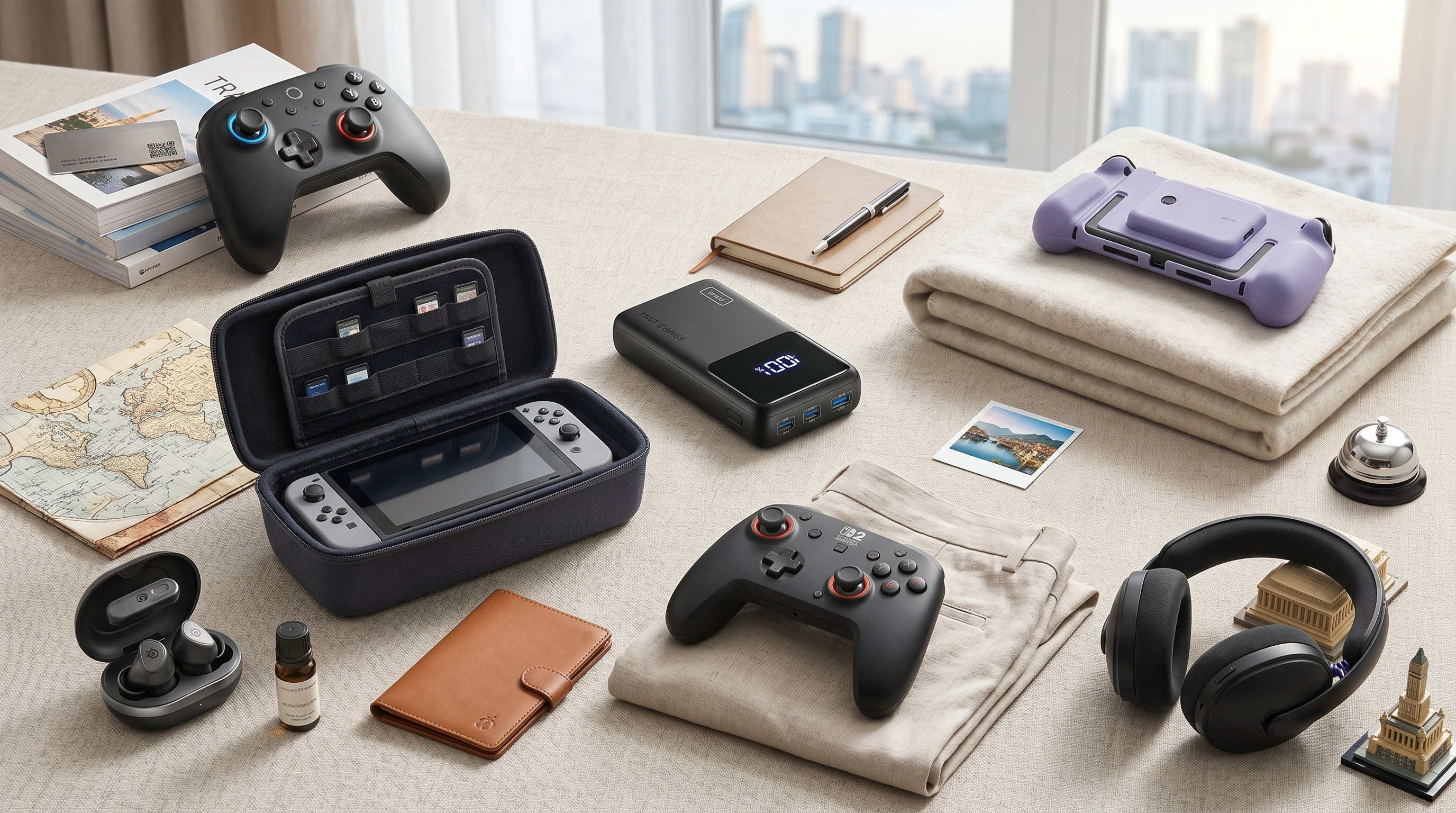 The 8BitDo Ultimate 2, Iniu Power Bank, Belkin Charging Case Pro, SteelSeries Arctis GameBuds, Nacon Protection Case XL for Switch 2, and Turtle Beach Rematch Wireless Controller in a hotel room.