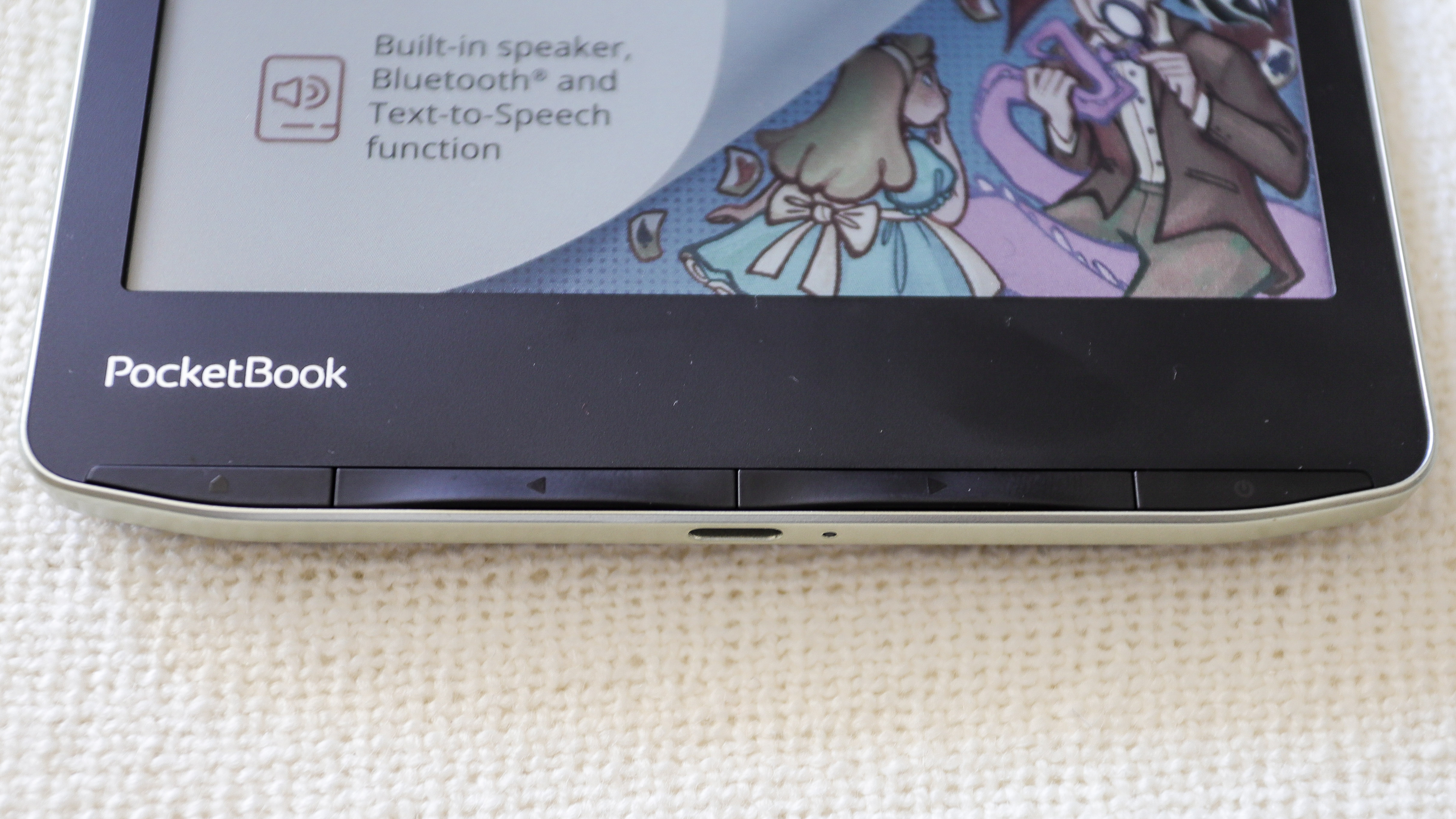 Four buttons on the bottom edge of the PocketBook InkPad Color 2