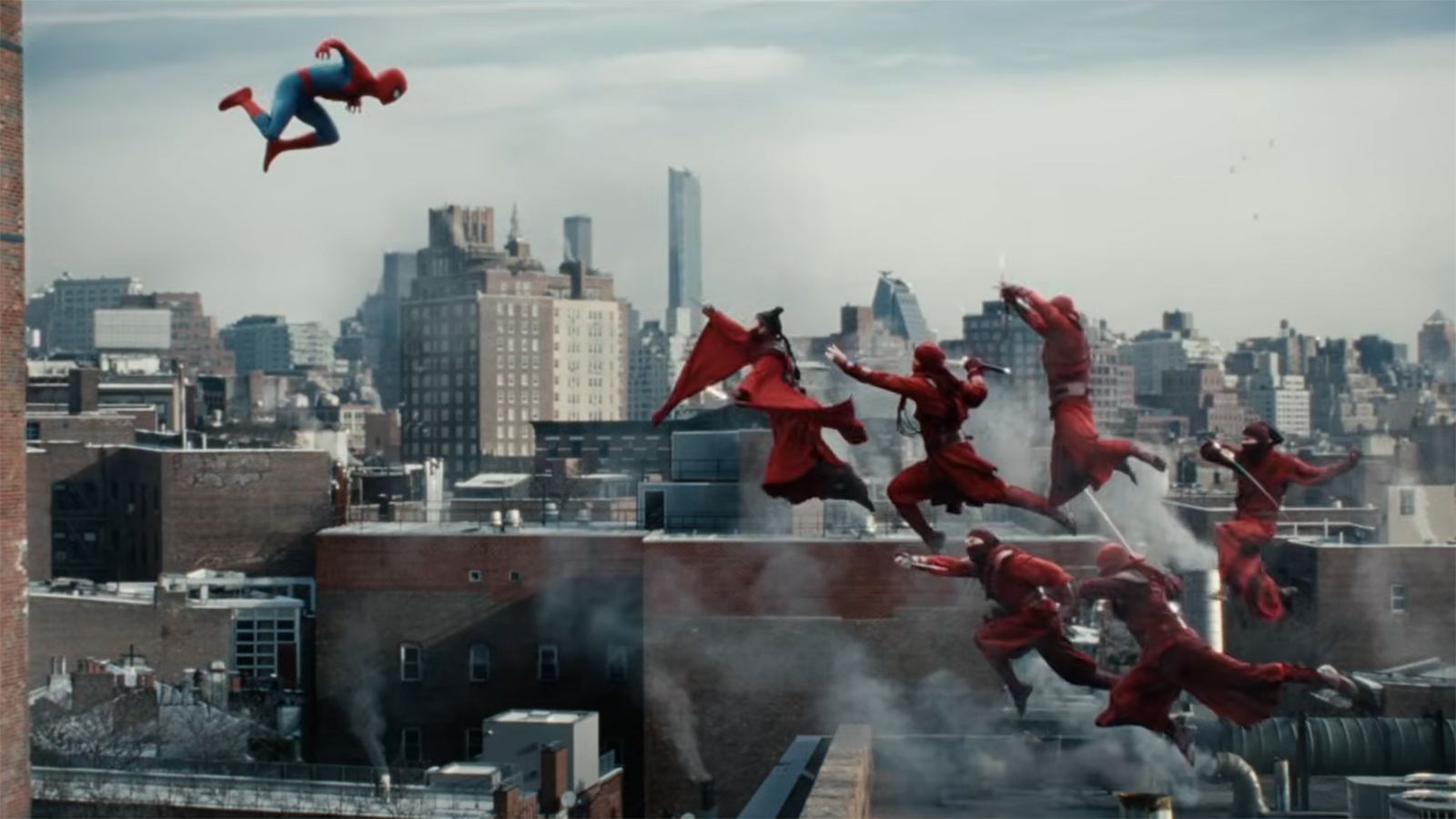 Spider-Man leaping towards a horde of The Hand in Spider-Man: Brand New Day