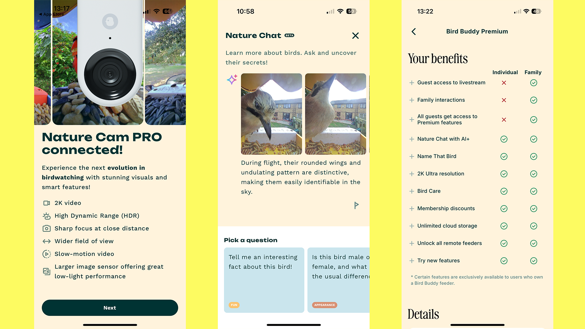 A selection of screenshots from the Bird Buddy app showing the setup and subscription features of the app