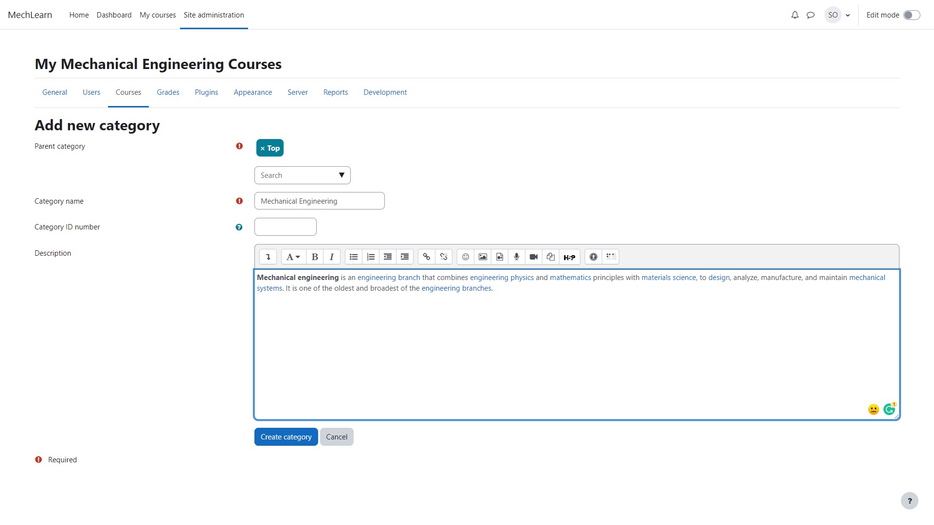 Screenshot of the Moodle Add new category page