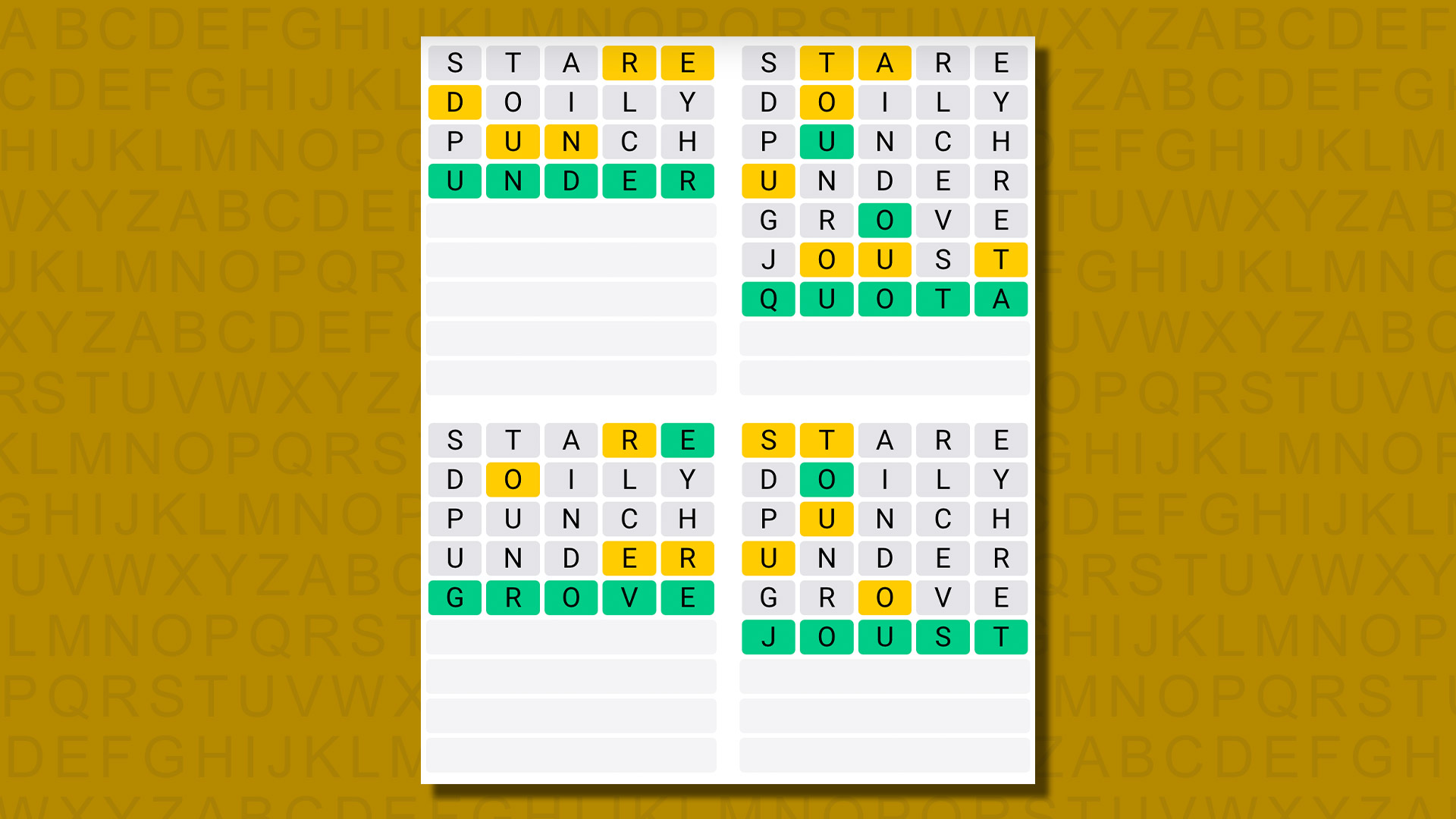 Quordle answers for game 641 on a yellow background