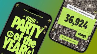 Two smartphones showing visual cars from Spotify's new Party of the Years experience