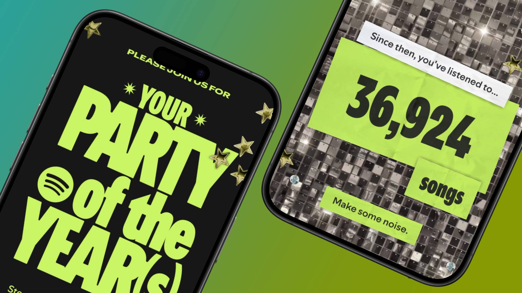 Two smartphones showing visual cars from Spotify's new Party of the Years experience