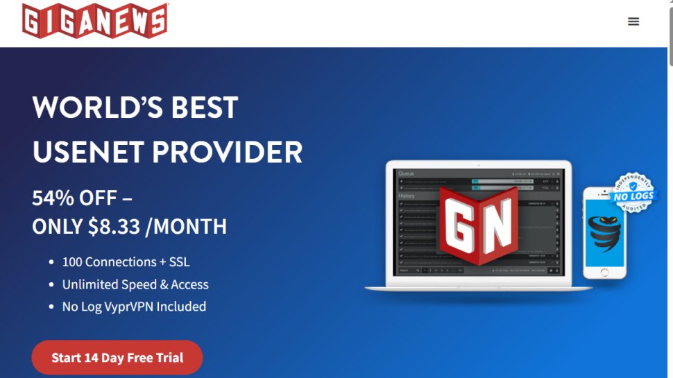 Website screenshot of Giganews (December, 2025)